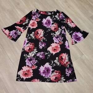 🛍Roz & Ali Black Floral Bell Sleeve Scoop Neck Dress Womens Size‎ 1X